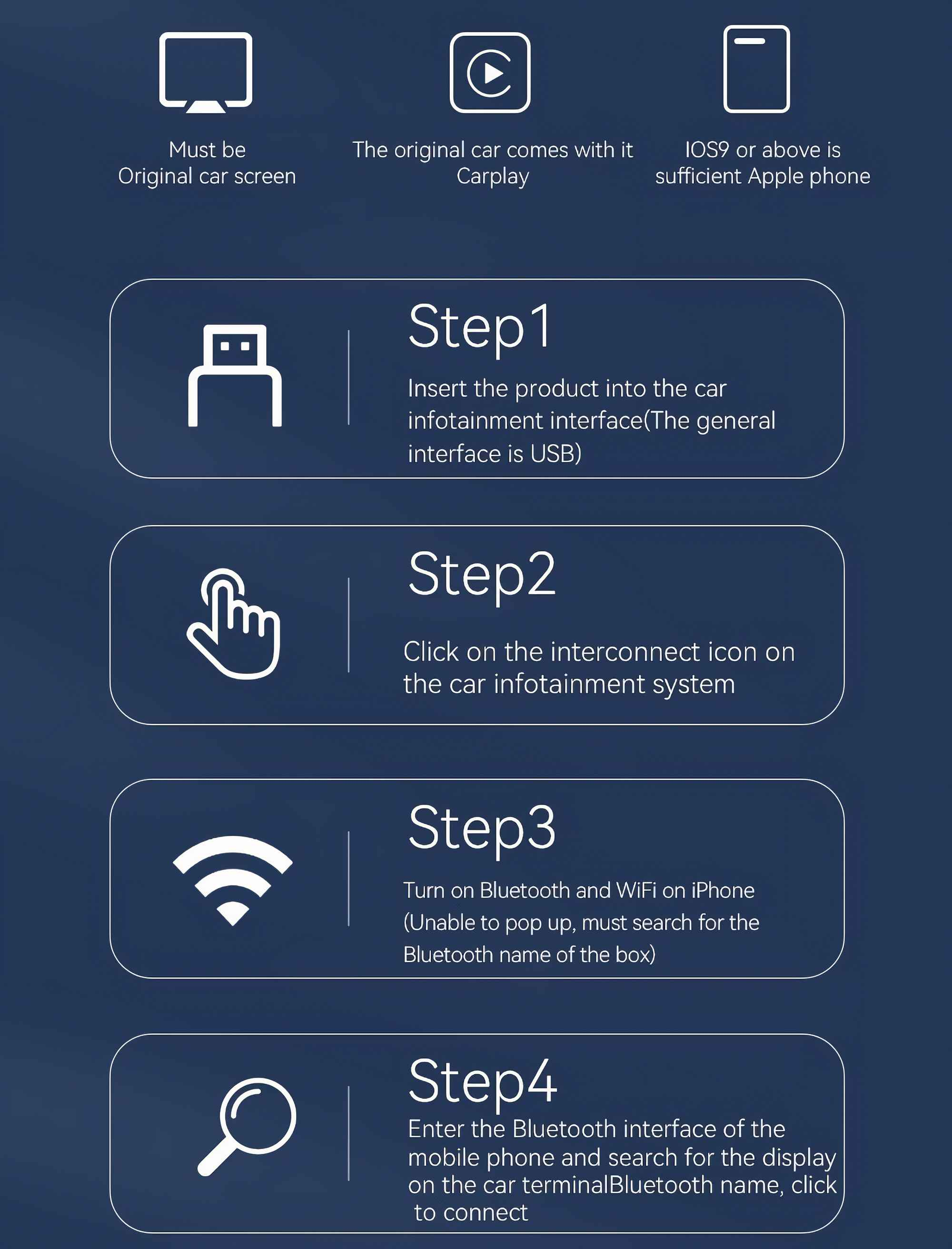 Anweisungen für Auto-Infotainment. Schritte umfassen das Einsetzen eines Produkts, Klicken auf ein Symbol und Bluetooth-Verbindung.