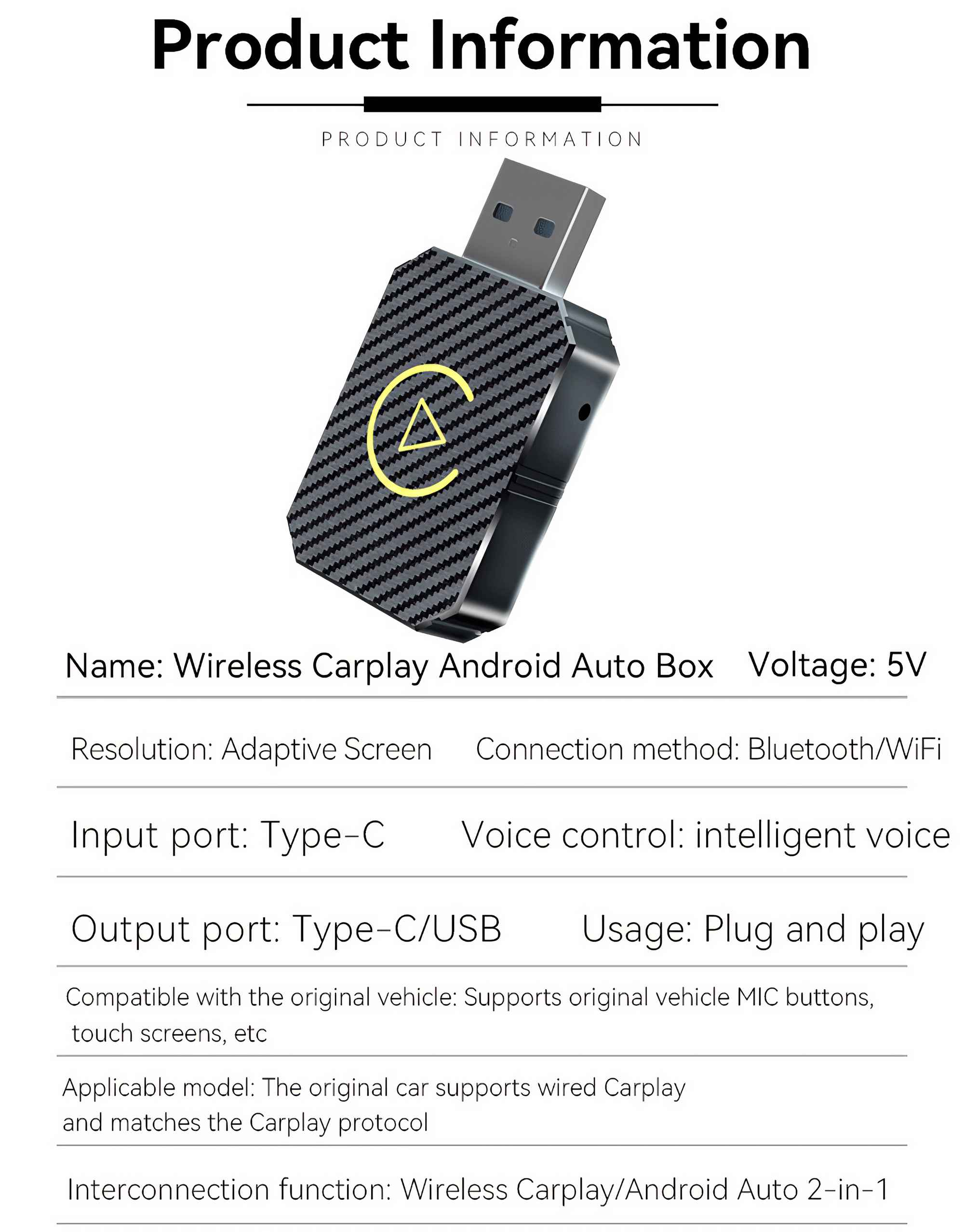 Eine schwarze Wireless Carplay Android Auto Box mit gelbem Dreieckssymbol, Stecker und Produktinformationstext.