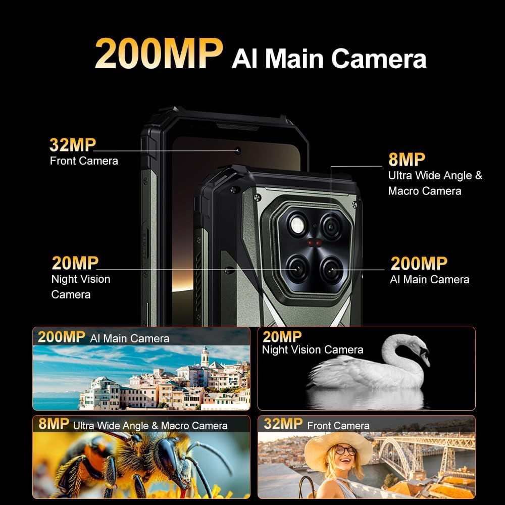 Das Bild zeigt ein robustes Telefon mit Kameraspezifikationen: 200MP Hauptkamera, 32MP Front, 20MP Nachtsicht, und 8MP Ultraweit.