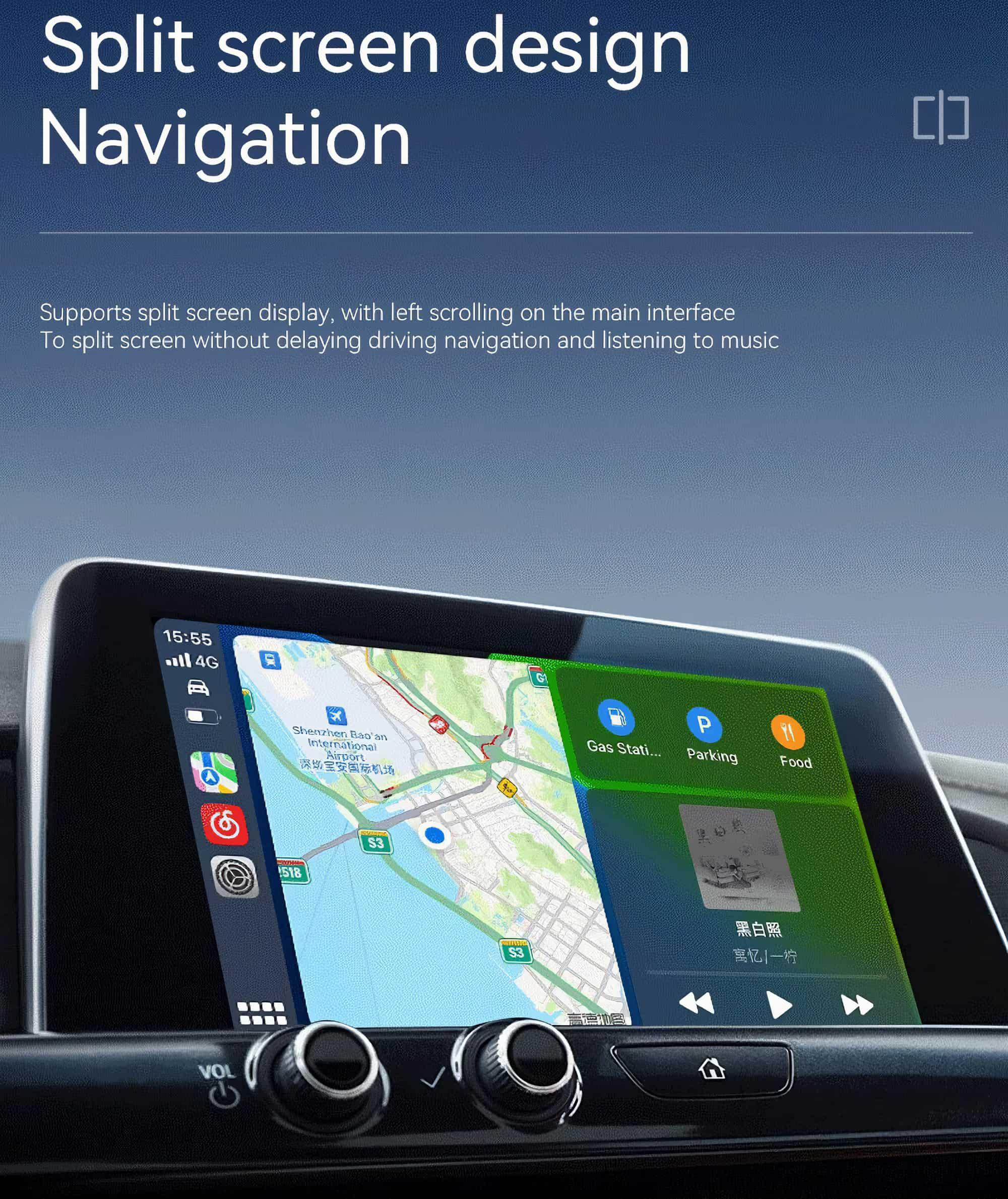 Auto-Navigationssystem mit Karte, Musiksteuerung und App-Symbolen auf einem geteilten Bildschirm.