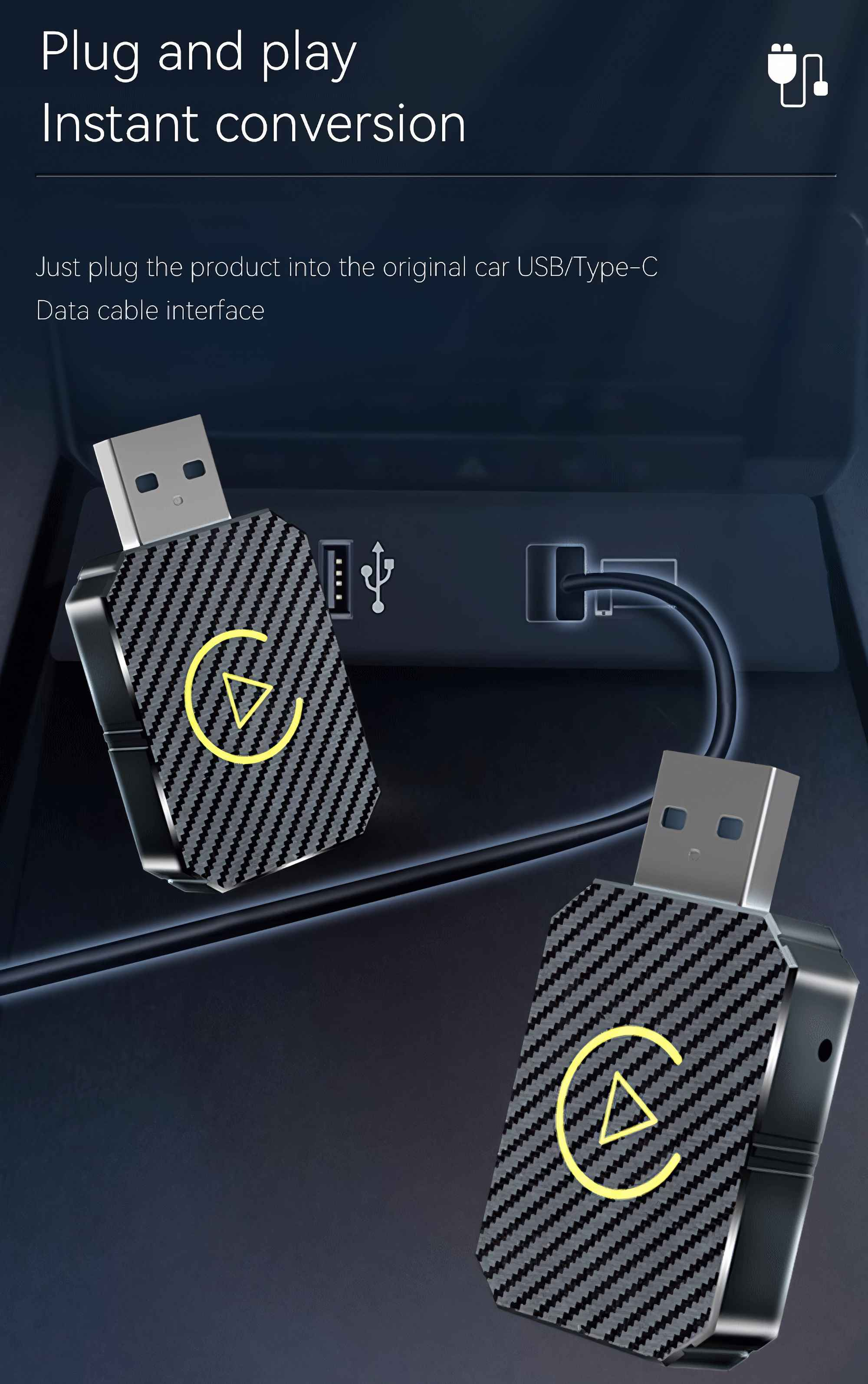 Zwei schwarze USB-Konverter mit gelben Dreieckssymbolen sind an die Autoschnittstelle angeschlossen.