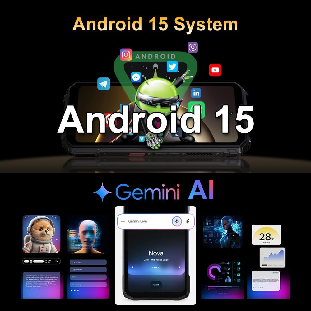 Werbung für Android 15 mit Telefon, Android-Logo und Social-Media-Symbolen. Darunter wird Gemini AI mit Beispiel-Apps beworben.