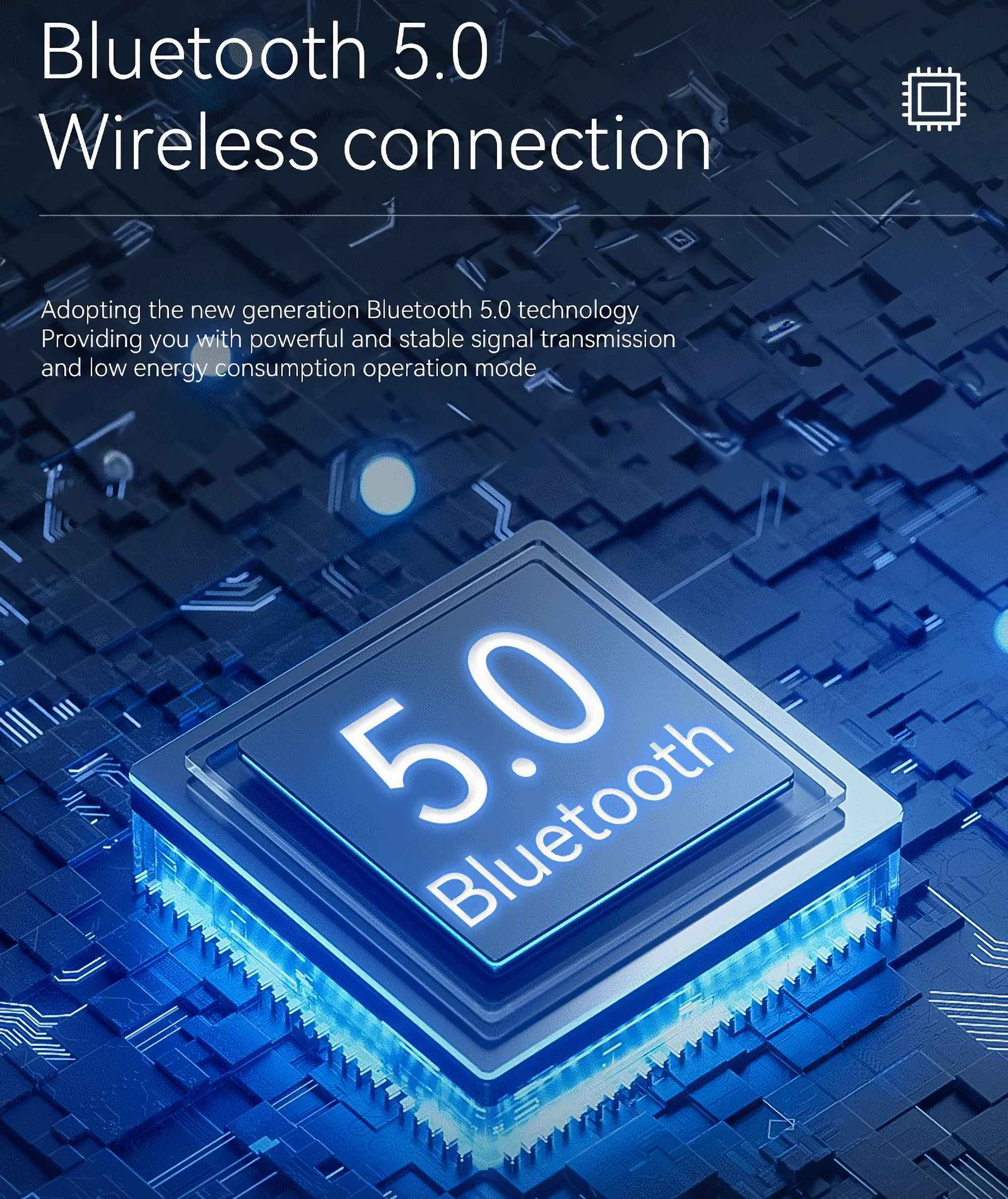 Das Bild zeigt Bluetooth 5.0-Technologie mit Leiterplatten-Design. Der Text lautet 'Wireless connection'.