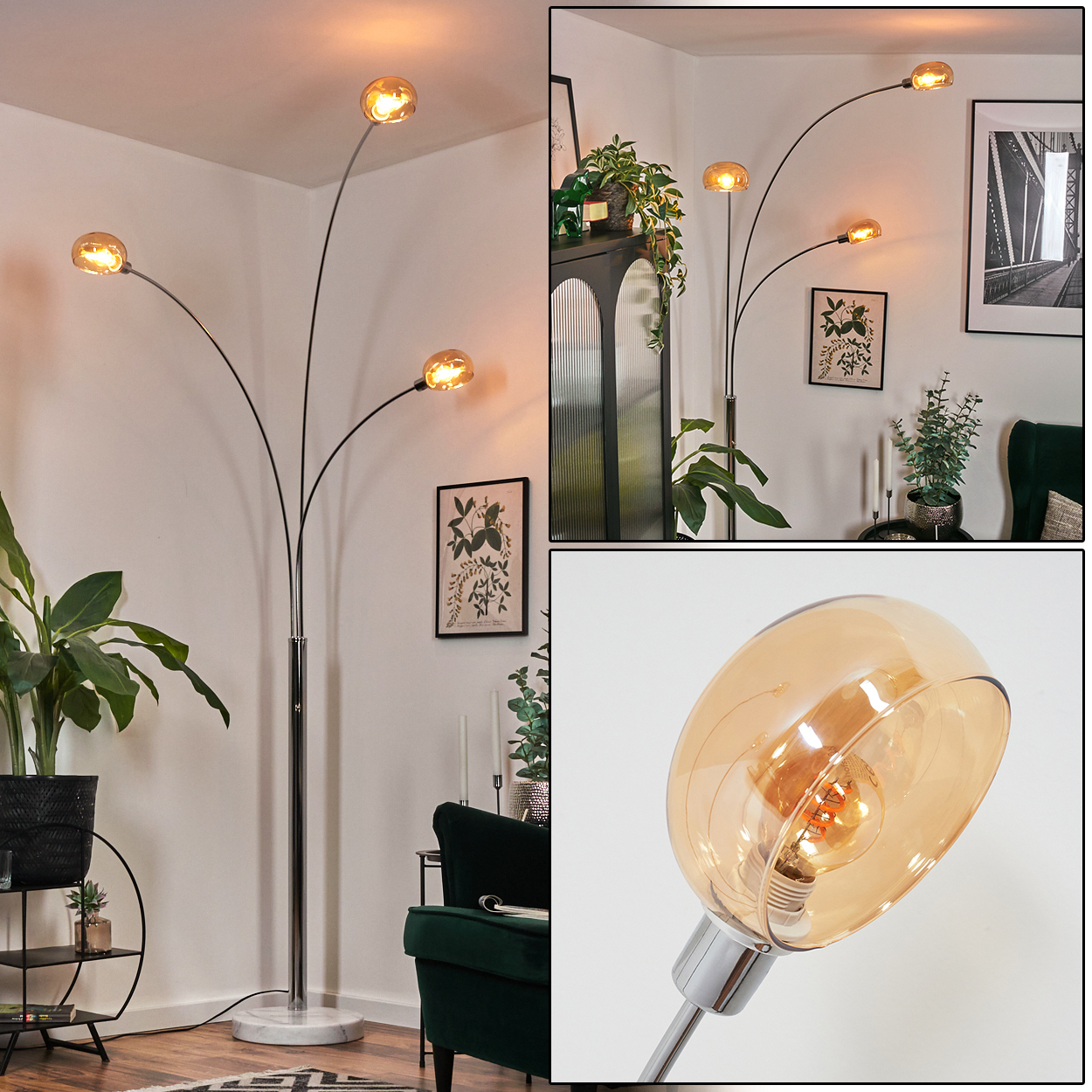 Eine moderne Stehlampe mit vier bernsteinfarbenen Glasschirmen. Sie steht in einem Raum mit Pflanzen, Kunst und einem grünen Samtstuhl.
