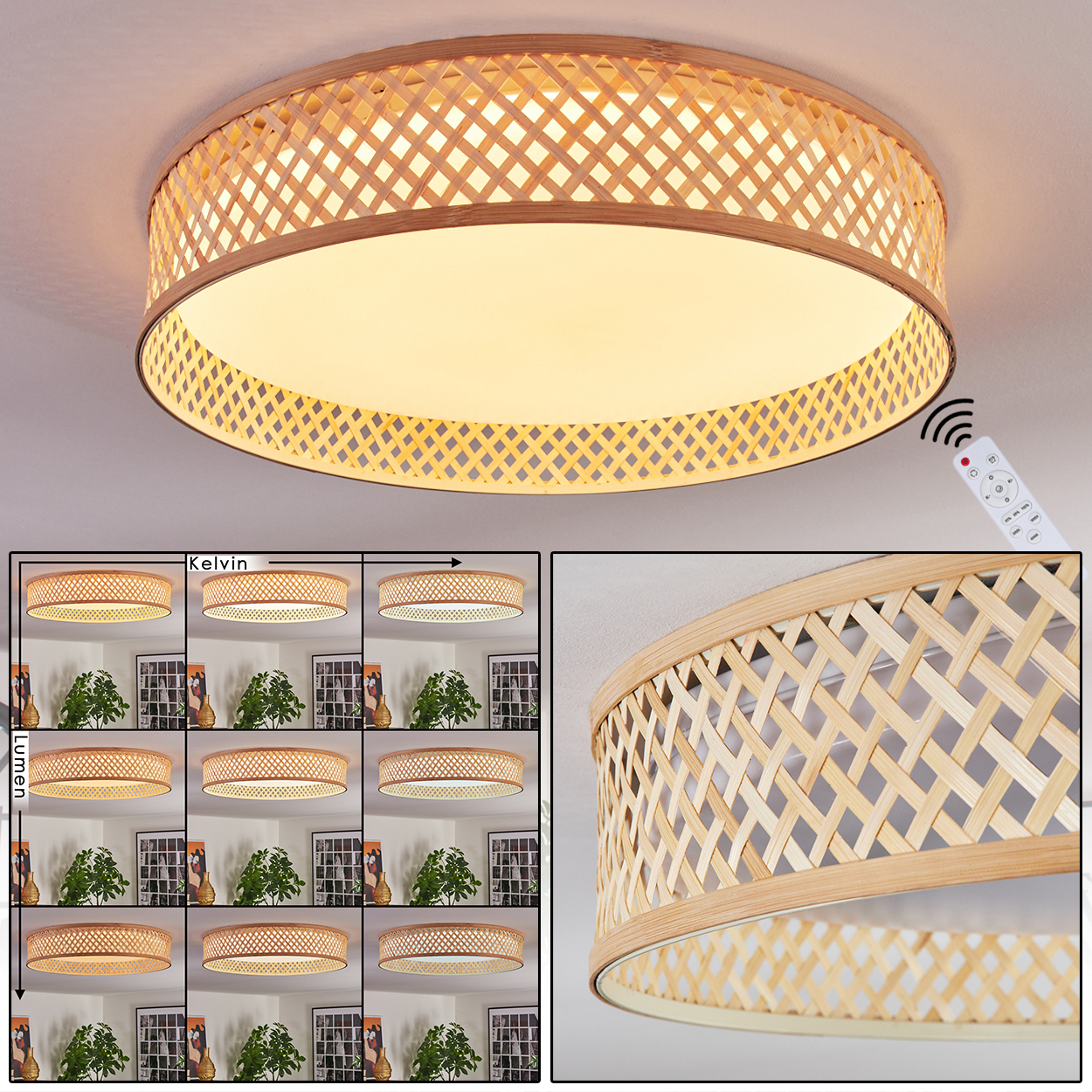 Eine runde Deckenlampe aus Bambus. Daneben eine Fernbedienung. Zusätzliche Bilder zeigen Kelvin- und Lumen-Anpassungen. Pflanzen und Bilder im Hintergrund.