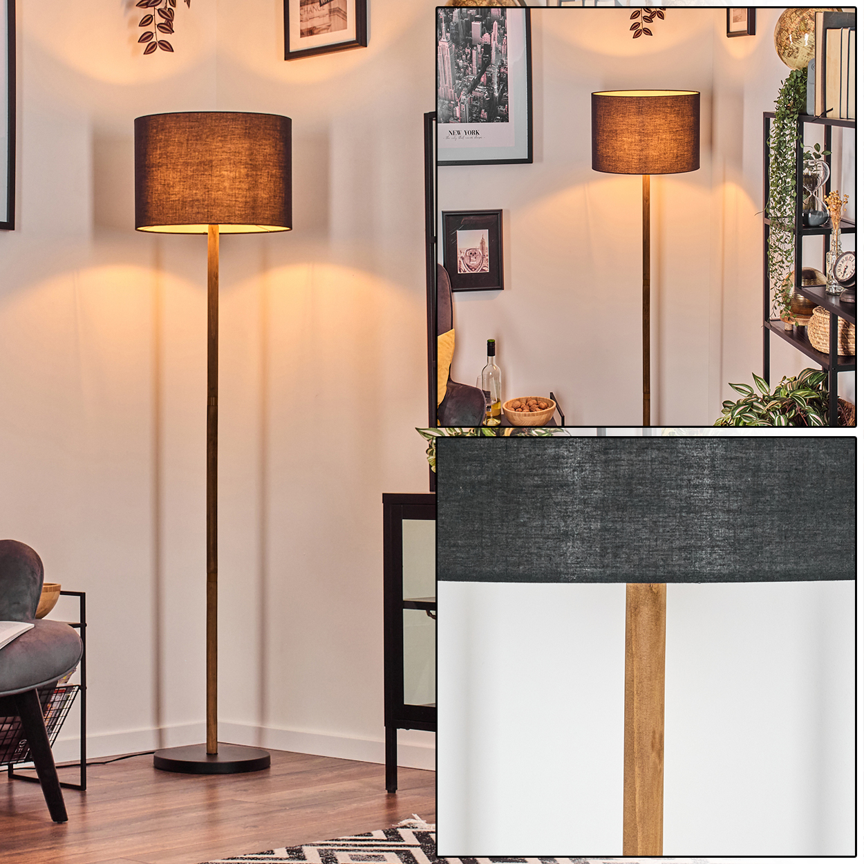 Eine Stehlampe mit schwarzem Lampenschirm und Holzstange steht in einem Raum mit weißer Wand. Weitere Möbel und Dekoration sind sichtbar.