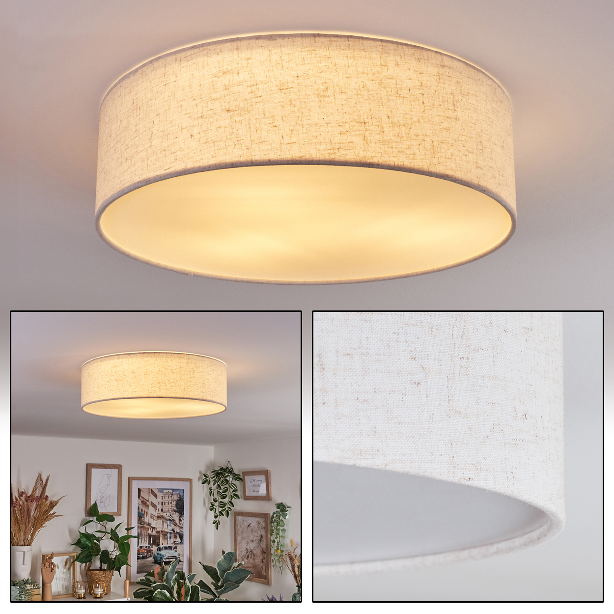Eine beige Trommel-Deckenleuchte ist zentriert. Die Lampe hat eine Leinenstruktur. Darunter ein Raum mit Pflanzen und gerahmter Kunst.