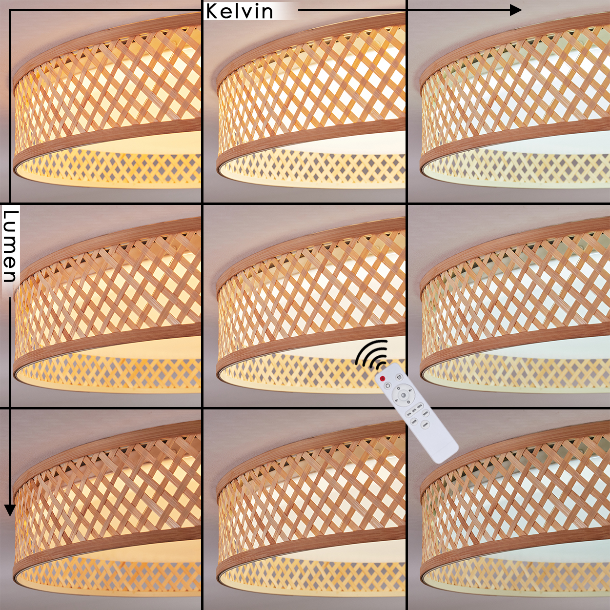 Neun Bilder zeigen eine Lampe mit einstellbaren Kelvin- und Lumen-Einstellungen. Eine Fernbedienung ist vorhanden. Die Lampe hat einen gewebten Schirm und Holzverkleidung.