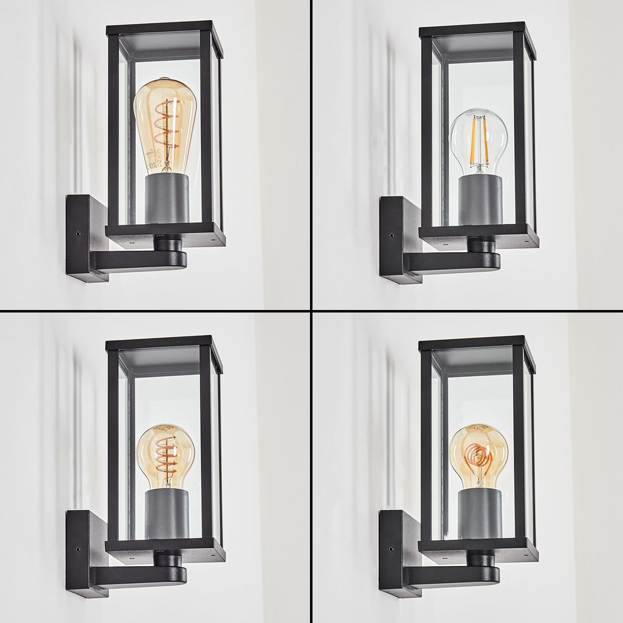 Vier schwarze Außenlampen mit Glasgehäusen und unterschiedlichen Glühbirnen sind an einer weißen Wand befestigt. Die Lampen sind identisch.