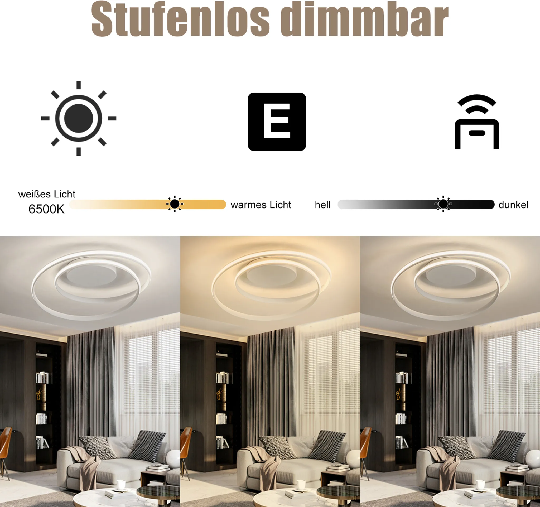 Ein modernes Wohnzimmer mit dimmbarer Deckenleuchte. Die Lichtfarbe wechselt von Weiß zu Warm. Das Zimmer hat ein Sofa und Vorhänge.