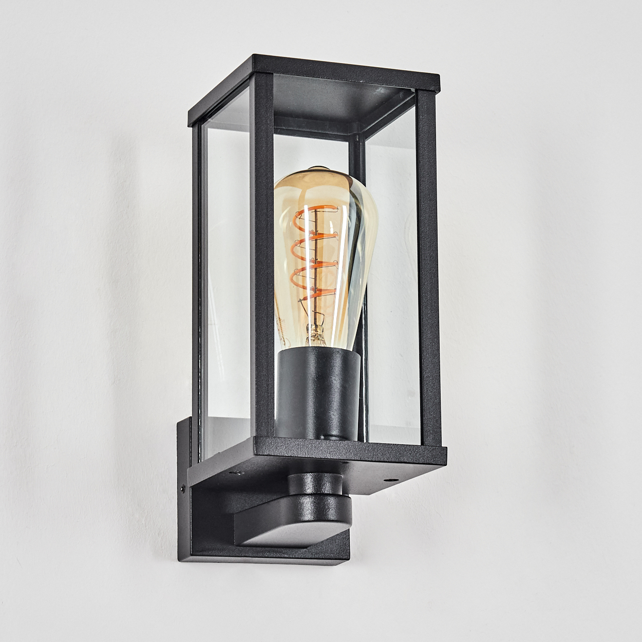 Eine schwarze, rechteckige Außenwandleuchte mit einem Gehäuse aus klarem Glas. Im Inneren ist eine beleuchtete Edison-Glühbirne zu sehen.