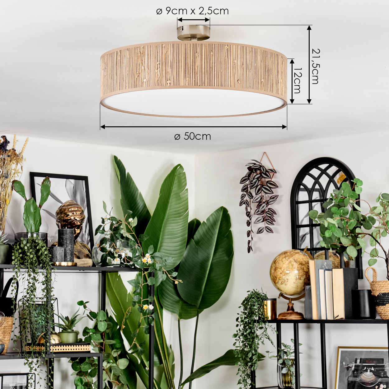 Ein Raum mit einem großen, runden Lampenschirm. Pflanzen und Regale mit Dekor füllen den Raum. Abmessungen der Lampe werden gezeigt.
