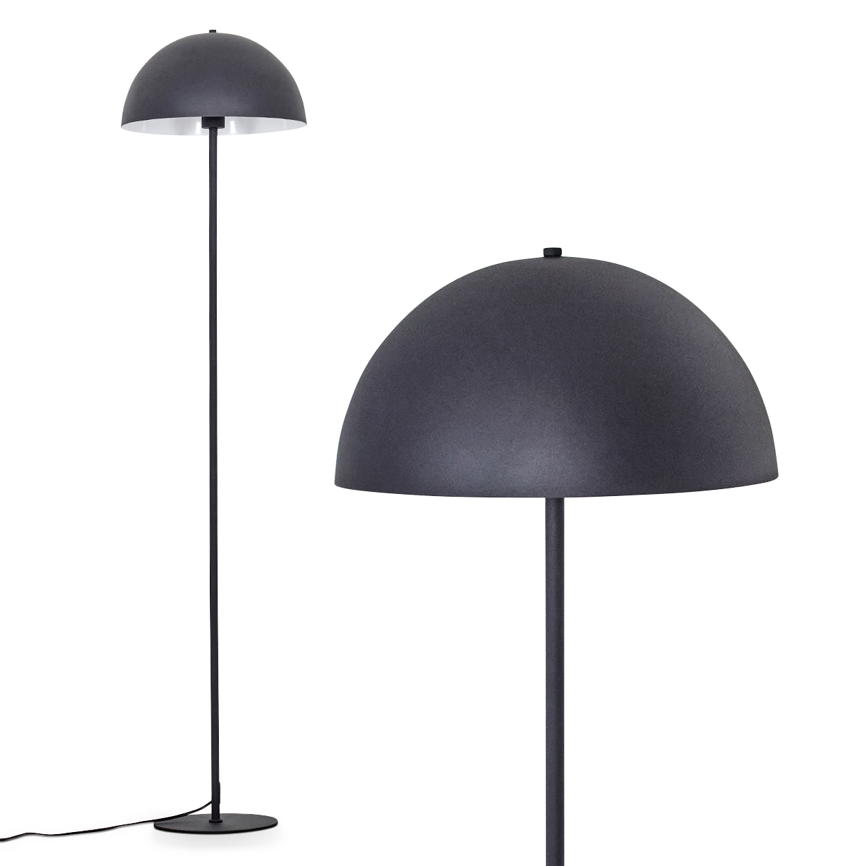 Eine dunkelgraue Stehlampe mit halbkugelförmigem Schirm. Die Lampe hat einen hohen, dünnen Stiel und einen kreisförmigen Fuß.