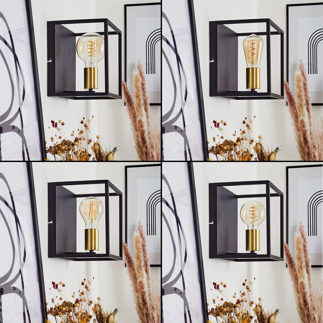 Vier Wandlampen, schwarze quadratische Rahmen, Glühbirnen mit Goldbasis, weiße Wand, abstrakte Kunst, Trockenblumen und hohes Gras in Rahmen.