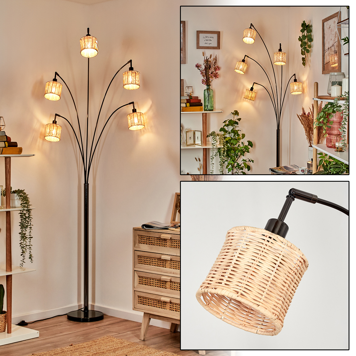 Eine Stehlampe mit 6 Lampenschirmen aus Korb. Die Lampe ist schwarz. Im Hintergrund befinden sich ein Holzschrank und Regale mit Pflanzen.