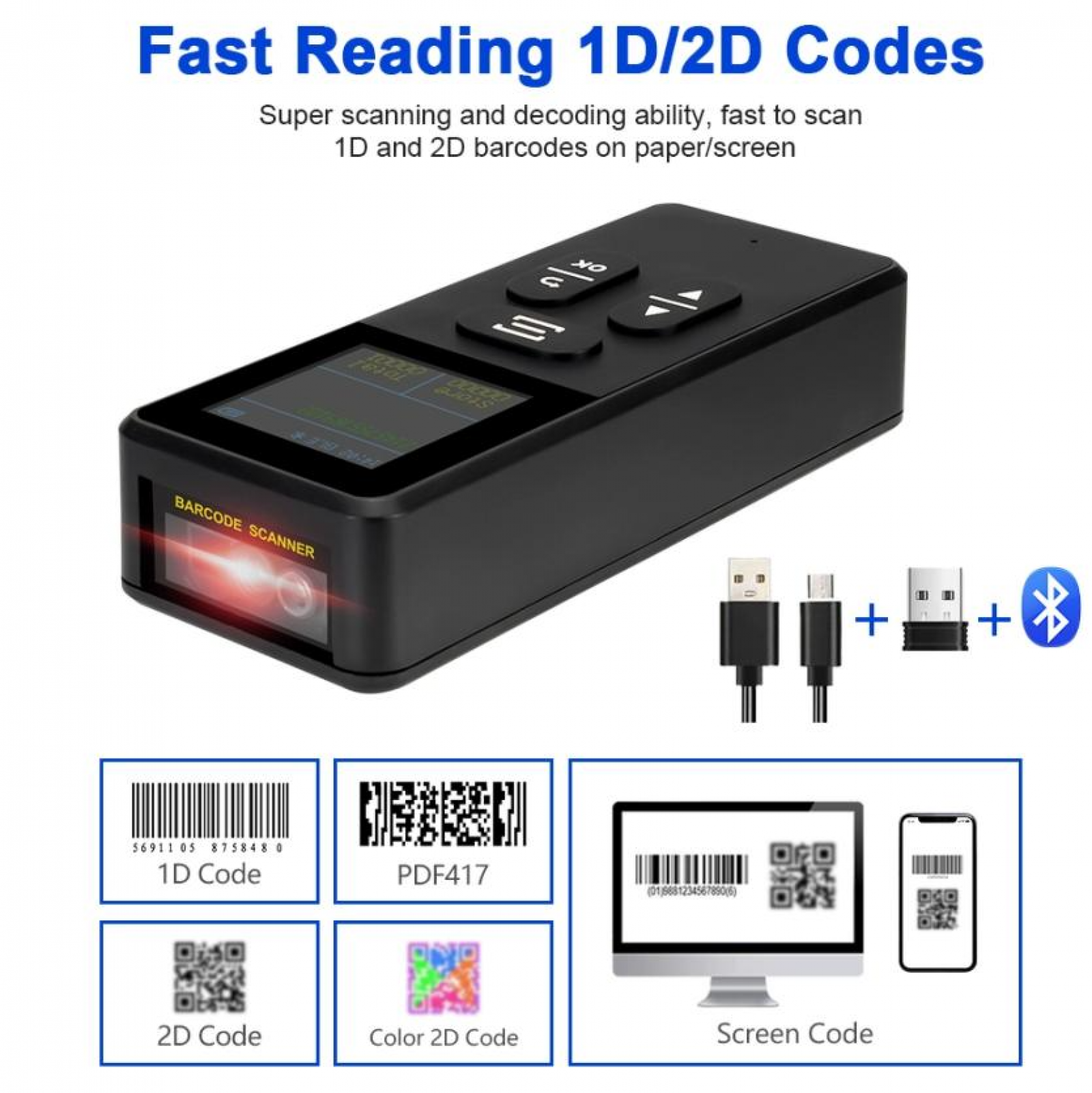Schwarzer Barcode-Scanner. Zeigt Zahlen auf einem Bildschirm an. Enthält USB-Kabel, einen USB-Empfänger und ein Bluetooth-Symbol.