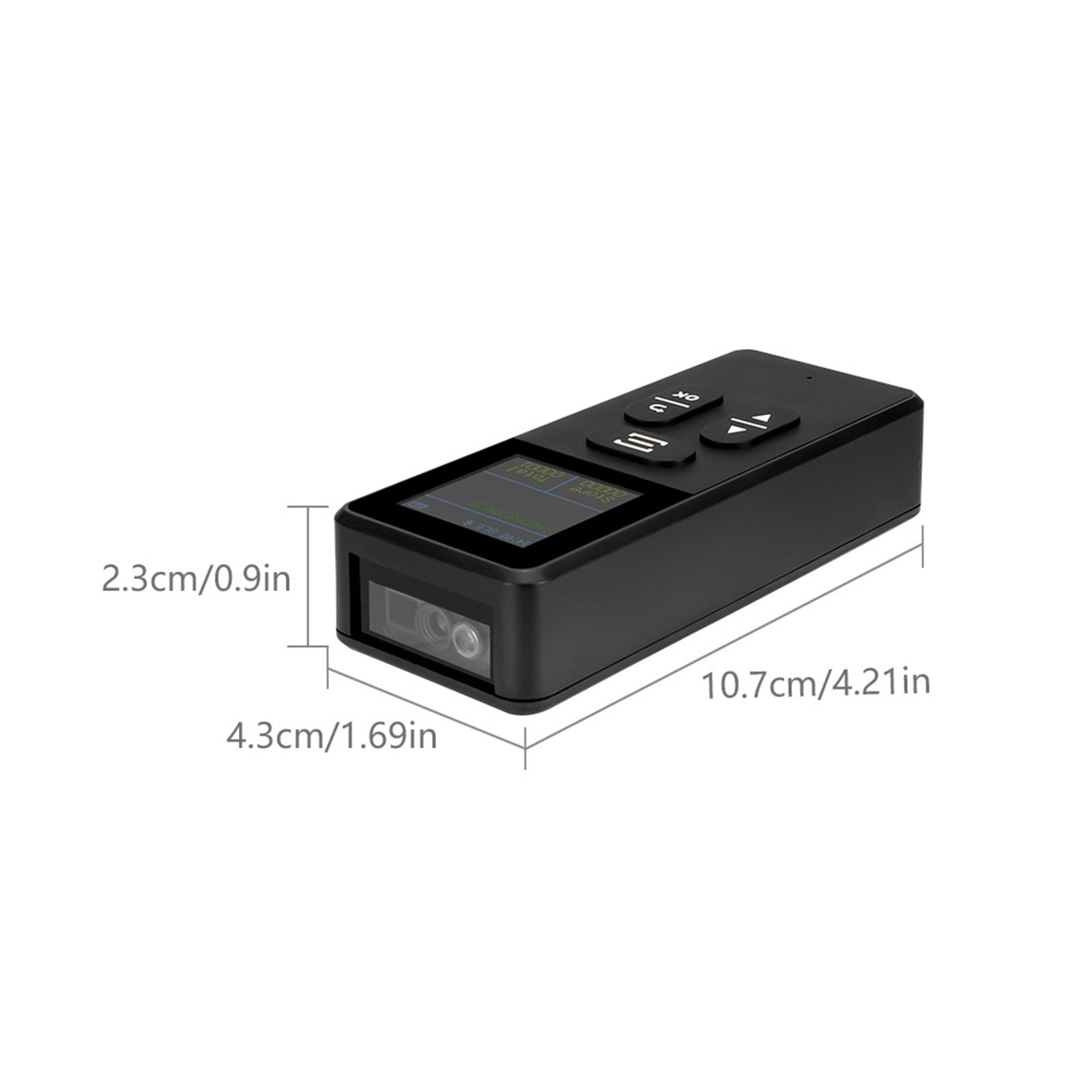 Ein schwarzer Barcodescanner mit Bildschirm und Knöpfen wird gemessen. Abmessungen: 10,7 cm x 4,21 Zoll, 2,3 cm x 0,9 Zoll, 4,3 cm x 1,69 Zoll.