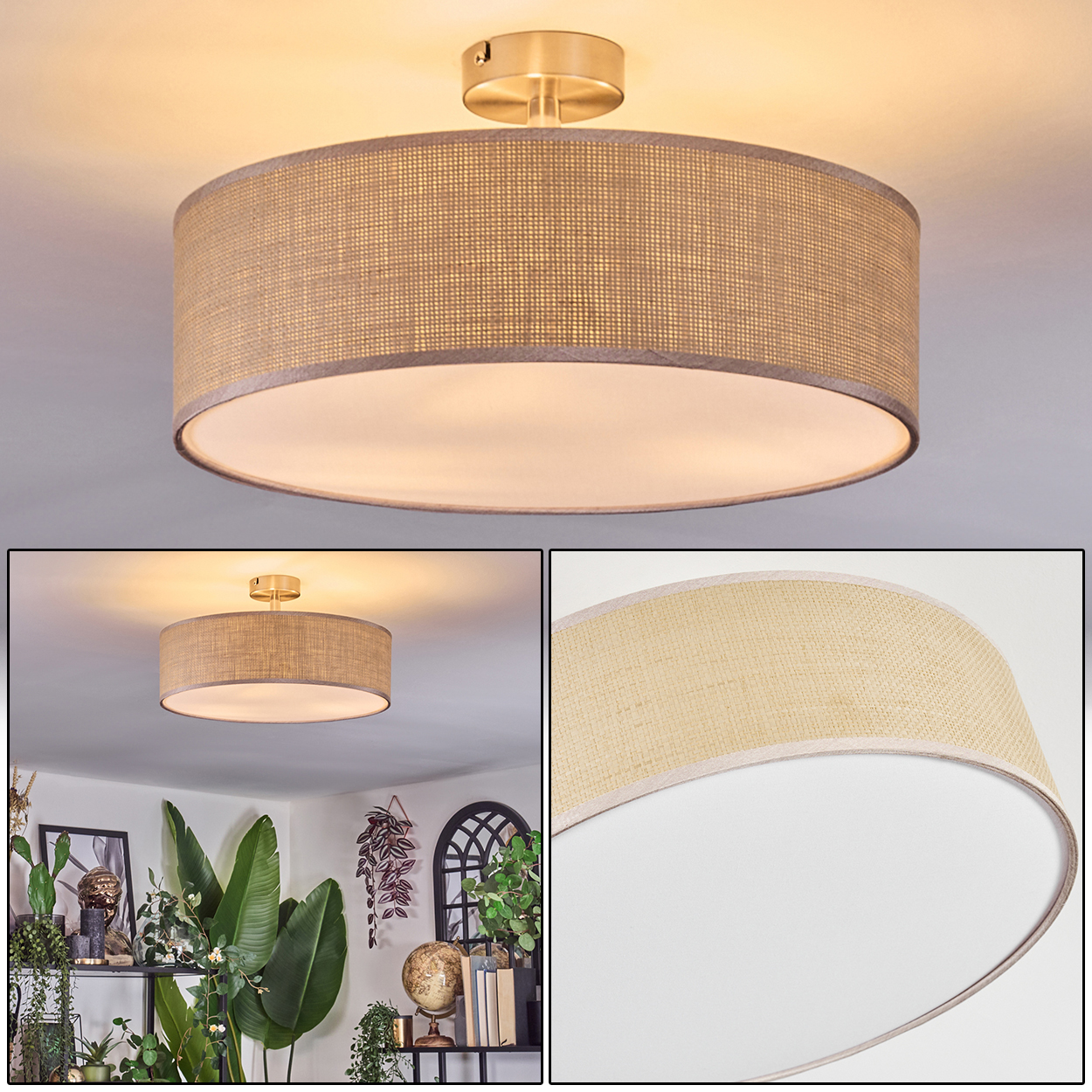 Eine beige, trommelförmige Deckenleuchte mit strukturiertem Schirm. Im Hintergrund ist ein Raum mit Pflanzen und Dekoration zu sehen.