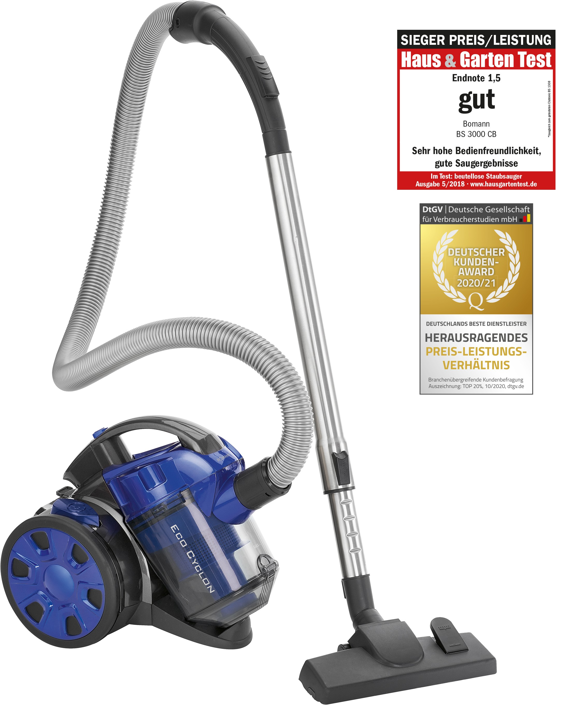 Niebiesko-czarny odkurzacz ze srebrnym wężem i osprzętem, z nagrodami w tle.