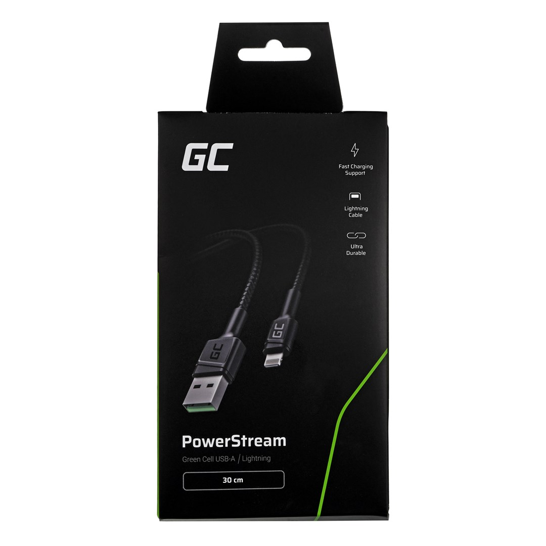 Una scatola nera con un cavo USB-A a Lightning. La scatola presenta il logo 'GC', il testo 'PowerStream' e le icone delle funzioni di ricarica.