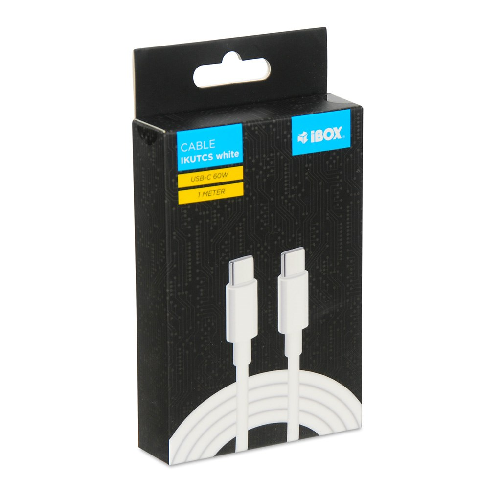 Biały kabel USB-C w czarnym pudełku. Na pudełku napis 'CABLE IKUTCS white', 'USB-C 60W' i '1 METER'.