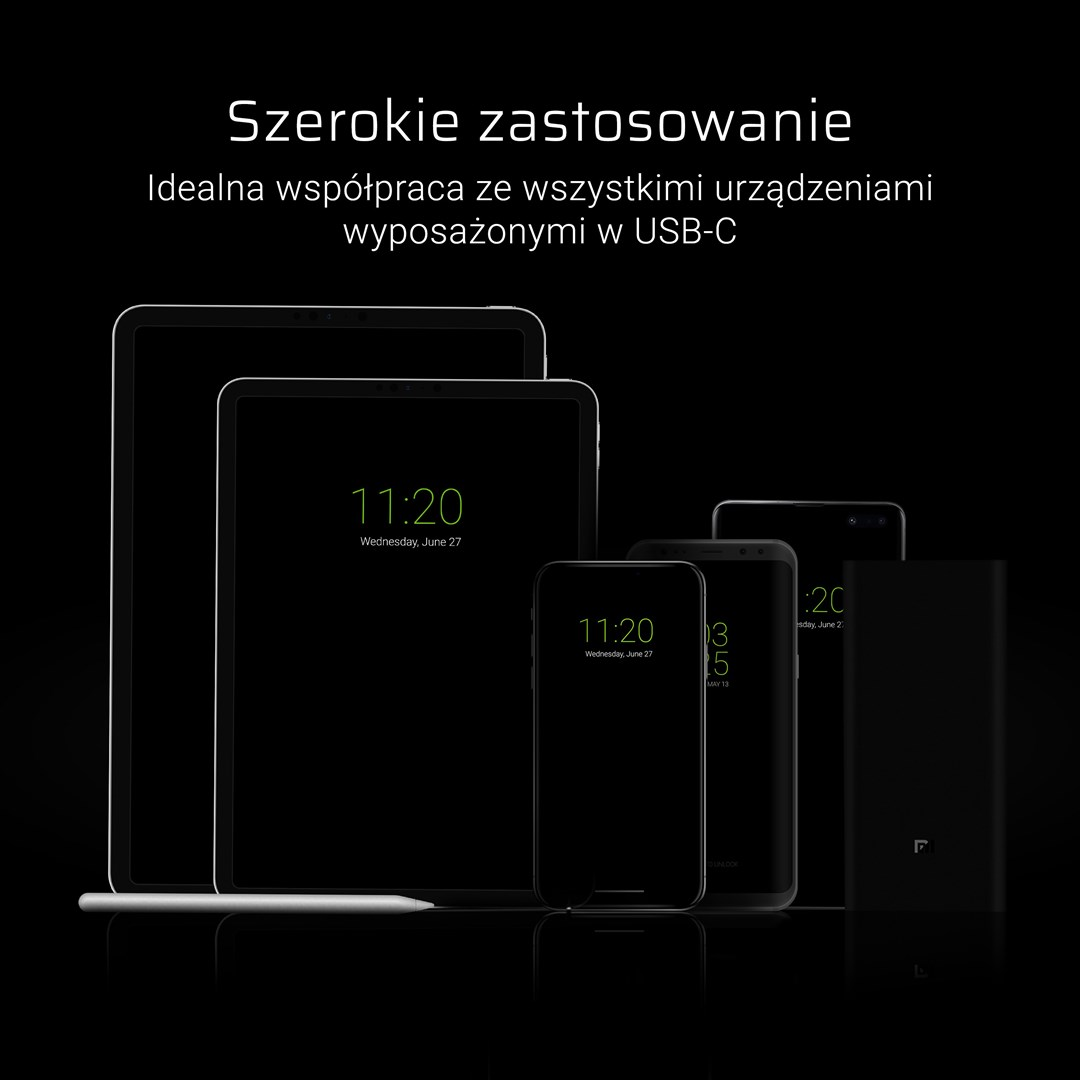 Imagen oscura con grupo de dispositivos: tabletas, teléfonos y banco de energía. Cada uno muestra la hora 11:20. Texto arriba dice 'Szerokie zastosowanie'.