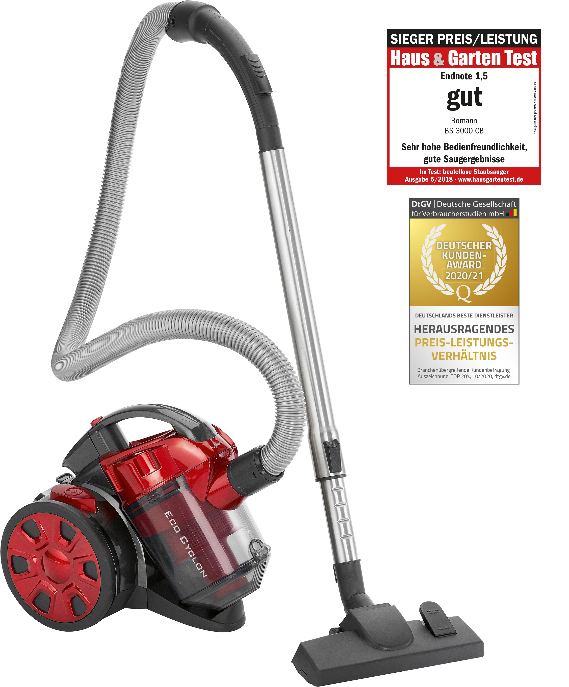 Czerwono-czarny odkurzacz ze srebrnym wężem i osprzętem na białym tle.