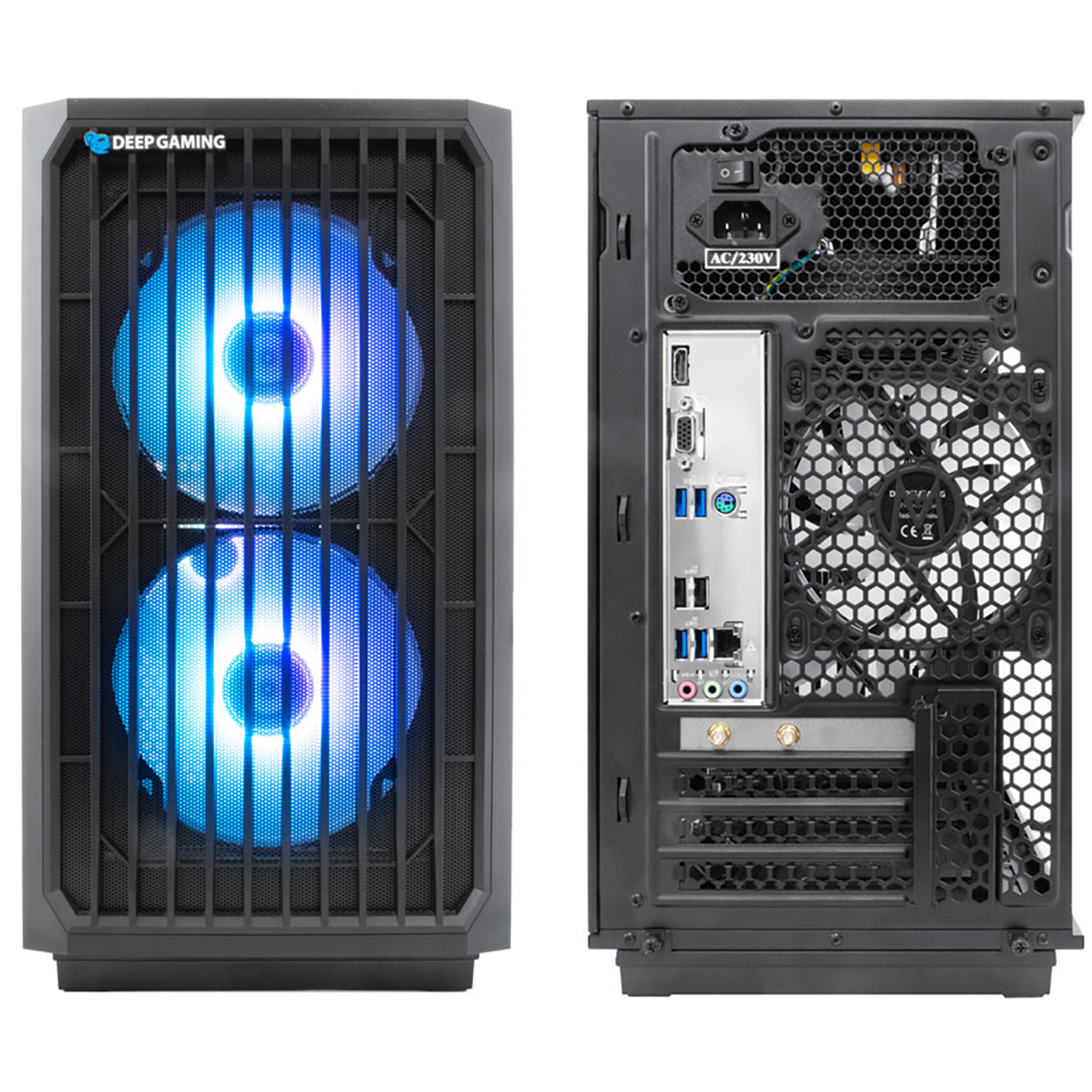 Una caja de computadora se muestra desde el frente y la parte posterior. La parte frontal tiene una rejilla y ventiladores LED azules. La parte posterior muestra puertos y un ventilador.