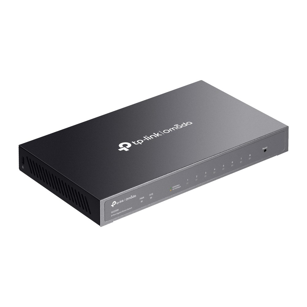 Ein schwarzer TP-Link Omada 8-Port Gigabit Smart Switch. Er hat den Markennamen oben und vorne, mit mehreren nummerierten Anschlüssen.