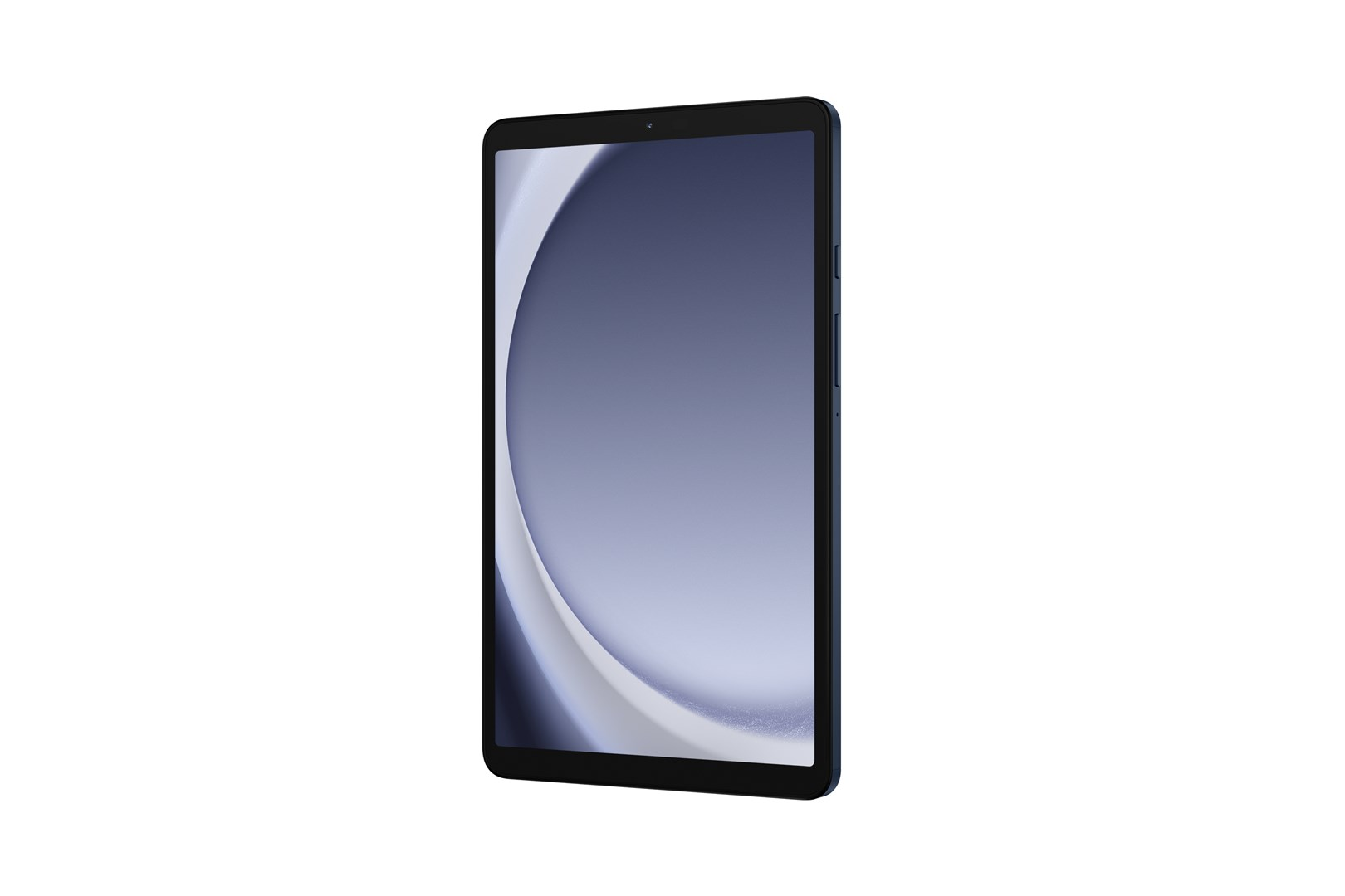 Un tablet con cornice blu, lo schermo mostra un design astratto blu e bianco, su sfondo bianco.