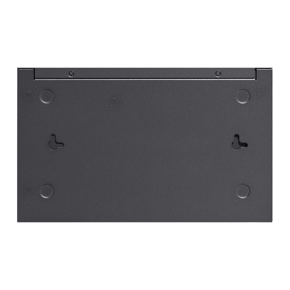 Nahaufnahme der Unterseite eines dunkelgrauen Netzwerk-Switches. Er hat Befestigungslöcher, Schraubenköpfe und eine strukturierte Oberfläche.