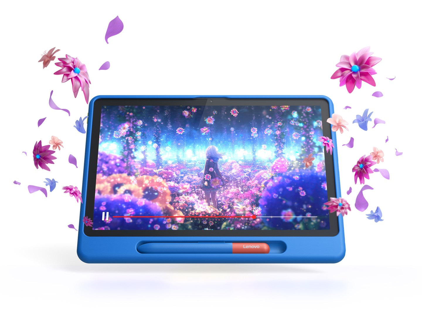 Een blauwe Lenovo-tablet toont een anime-scène van een meisje in een bloemenveld, omringd door zwevende bloemen.