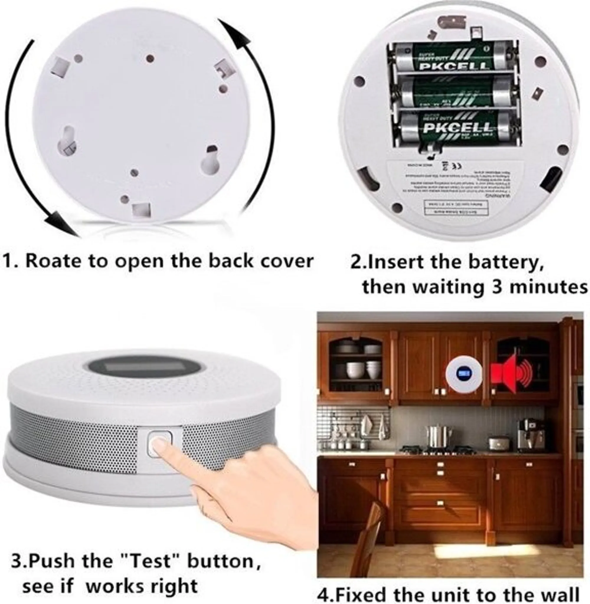 Anweisungen für einen Rauchmelder: öffnen, Batterien einlegen, testen und an der Wand befestigen. Zeigt das Gerät und eine Küche.