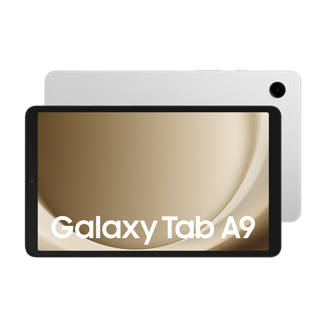 Un tablet bianco, Galaxy Tab A9, è posizionato davanti a un tablet bianco leggermente visibile. Lo schermo mostra una sfumatura dorata.