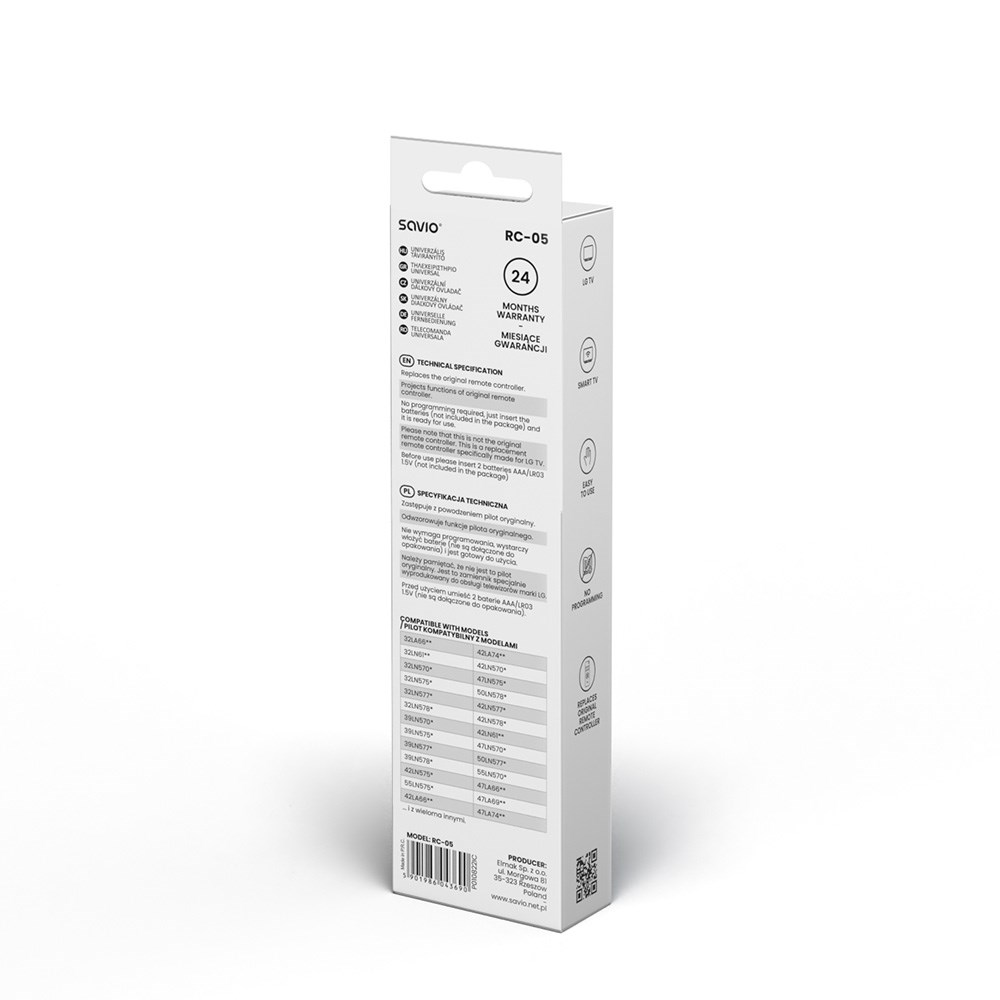 Białe pudełko pilota Savio RC-05 z tekstem i ikonami. Zawiera 24-miesięczną gwarancję.