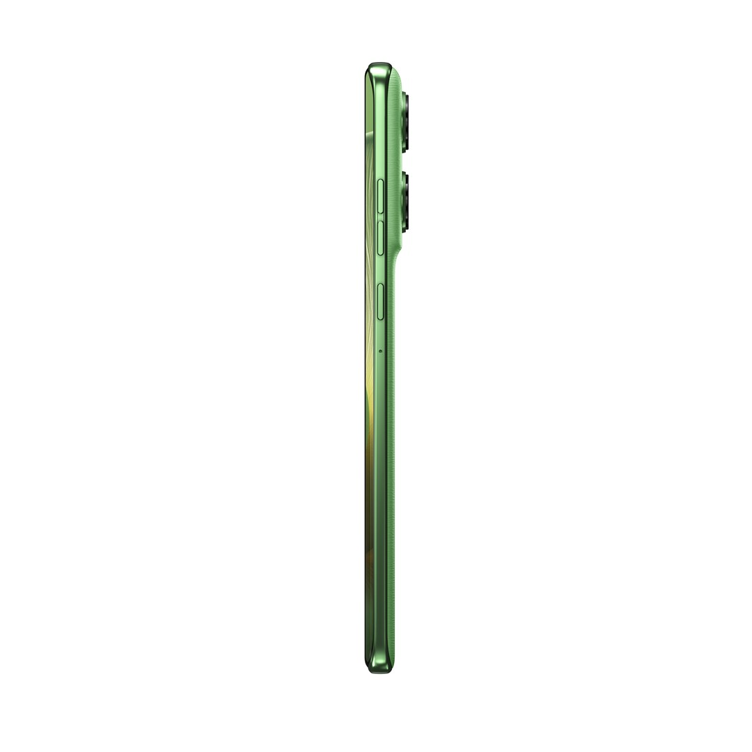 Zijaanzicht van een groene smartphone. De telefoon staat verticaal en toont de zijkant met knoppen en cameralenzen tegen een witte achtergrond.