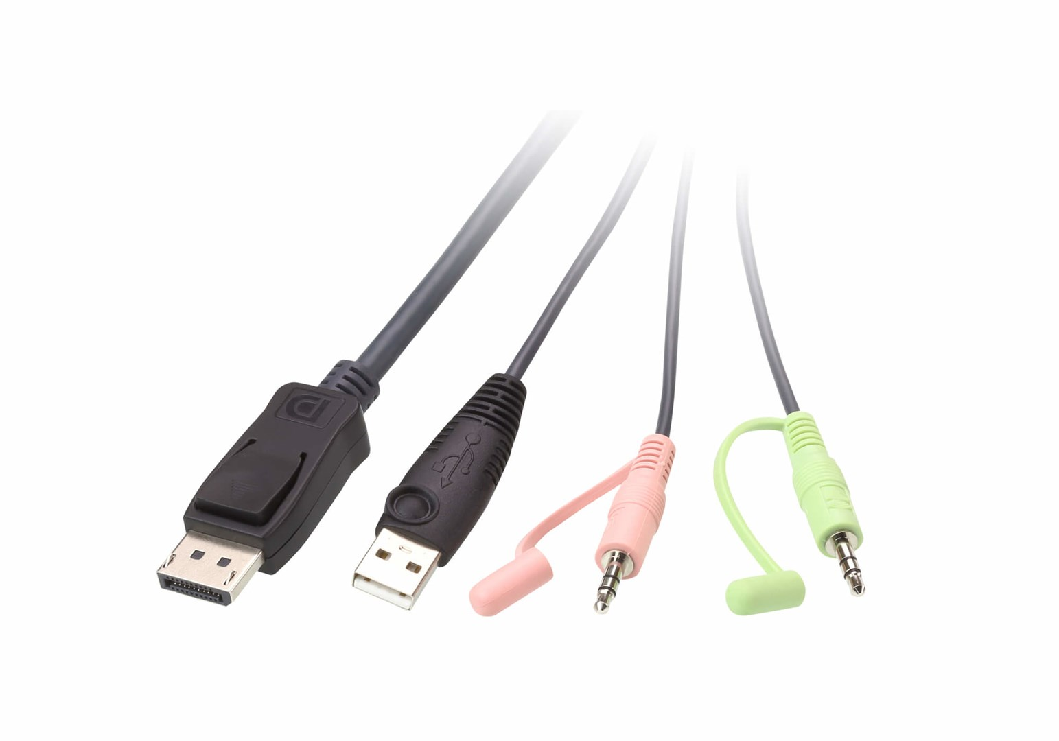 Vier Kabel mit verschiedenen Anschlüssen: DisplayPort, USB, rosa Audio-Klinke und grüne Audio-Klinke, auf weißem Hintergrund.