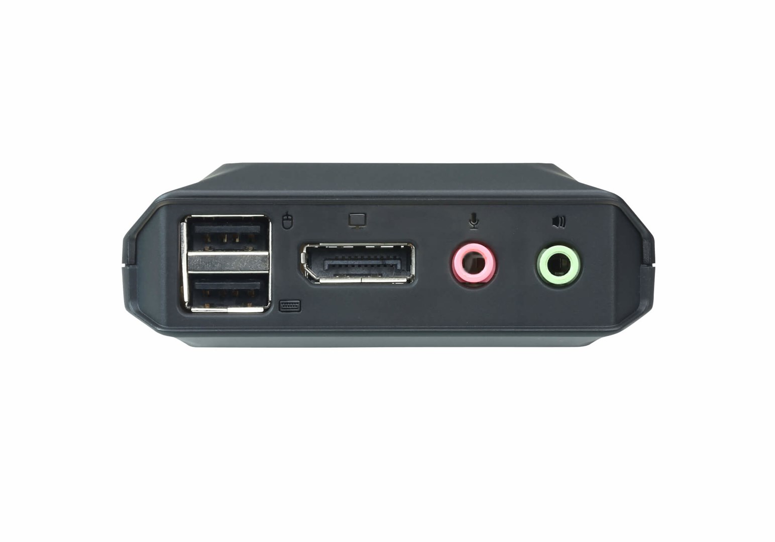Schwarzes Gerät mit USB-Anschlüssen, HDMI und Audioanschlüssen. Anschlüsse sind farbcodiert, auf weißem Hintergrund.