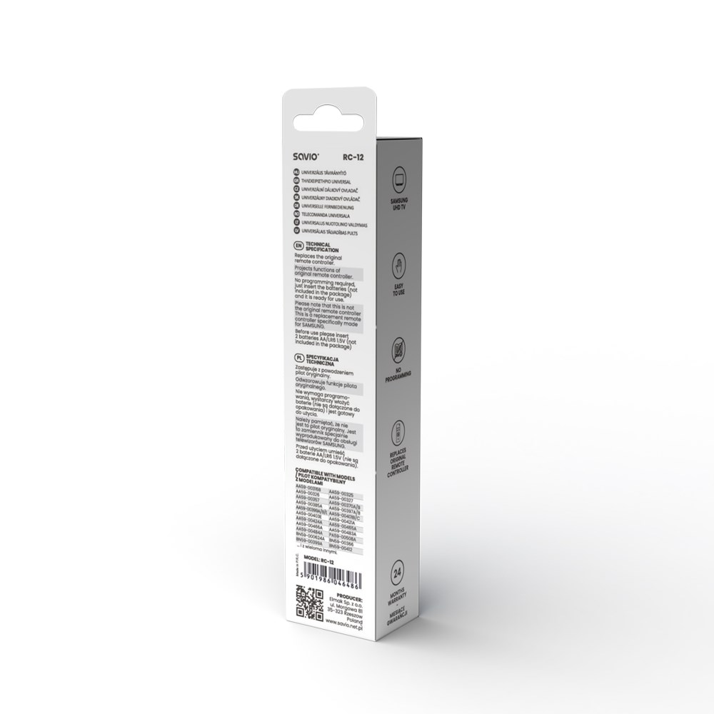 Opakowanie pilota Savio RC-12. Biało-czarne, z tekstem w wielu językach. Pokazuje kompatybilność.