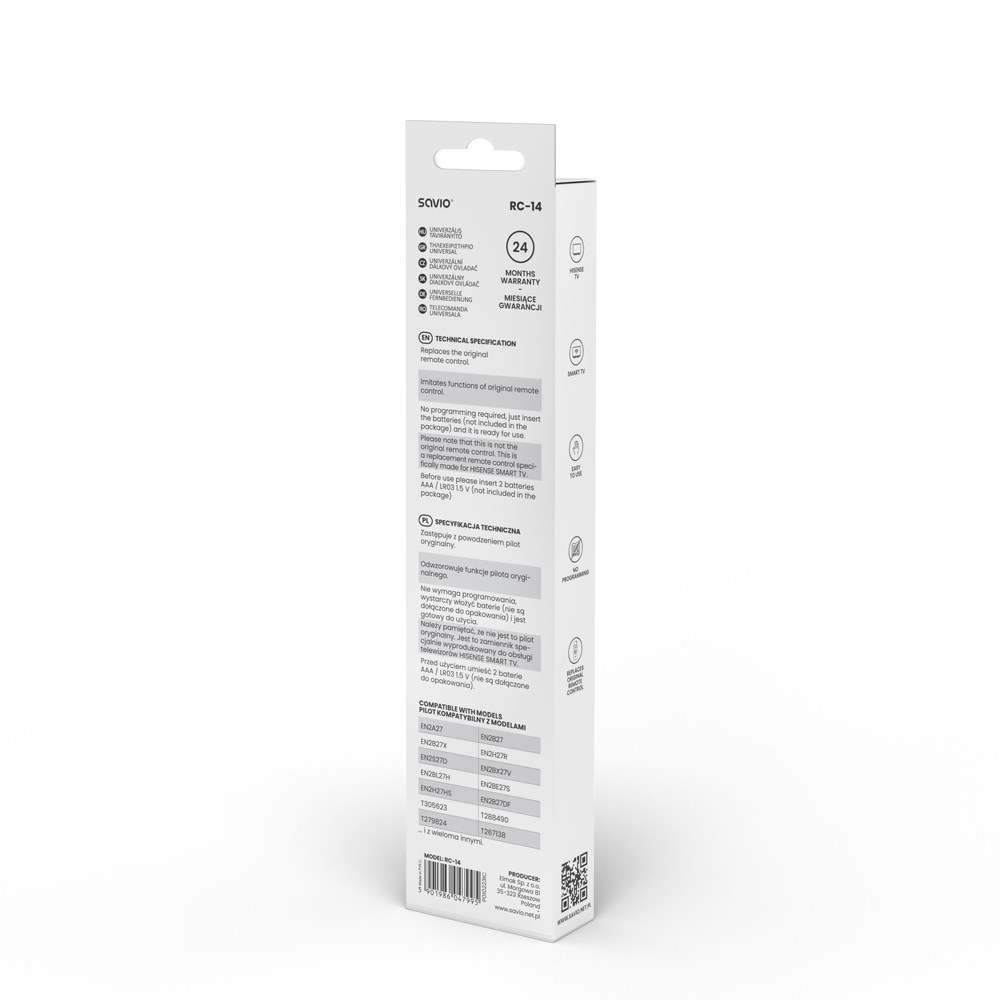 Biało-szare pudełko pilota do Hisense Smart TV, z tekstem i ikonami.