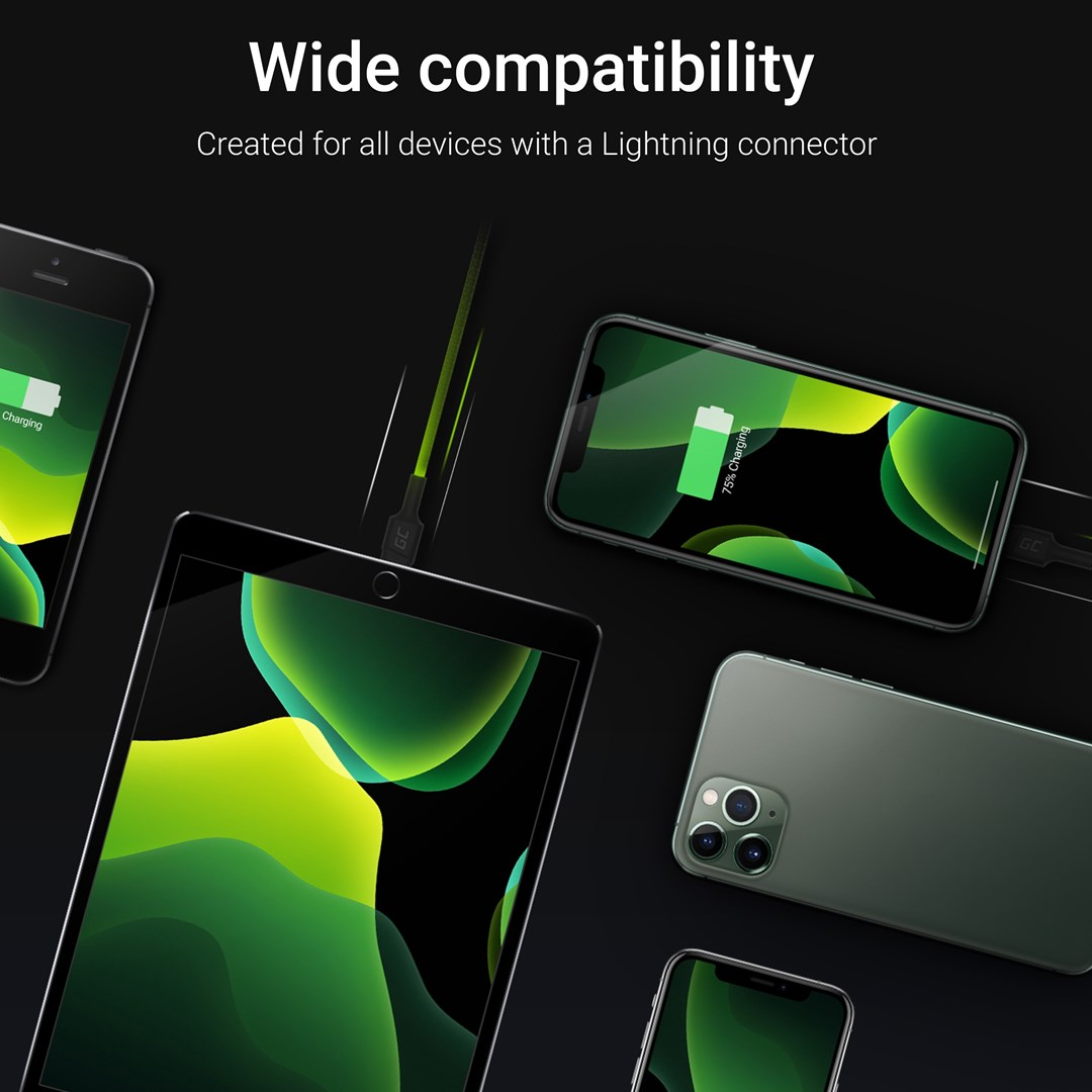 L'immagine mostra più smartphone e tablet in carica. I cavi si collegano ai dispositivi. Il testo recita "Wide compatibility" e "Lightning connector".