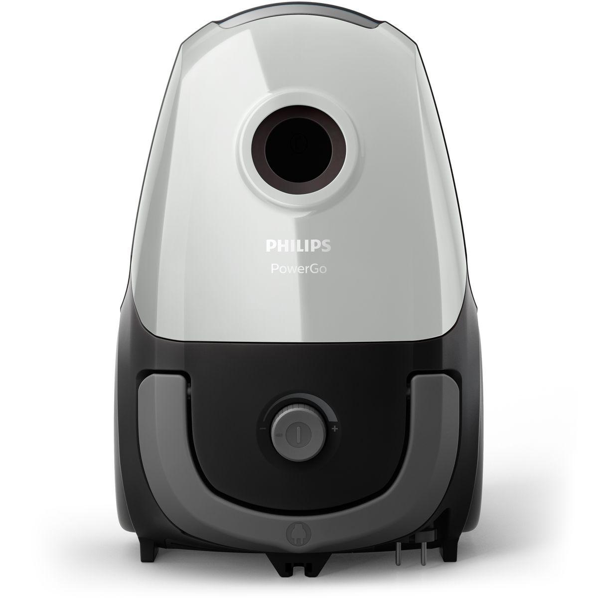 Een Philips PowerGo stofzuiger. Hij is grijs en zwart met een grote centrale knop en de merknaam vooraan.