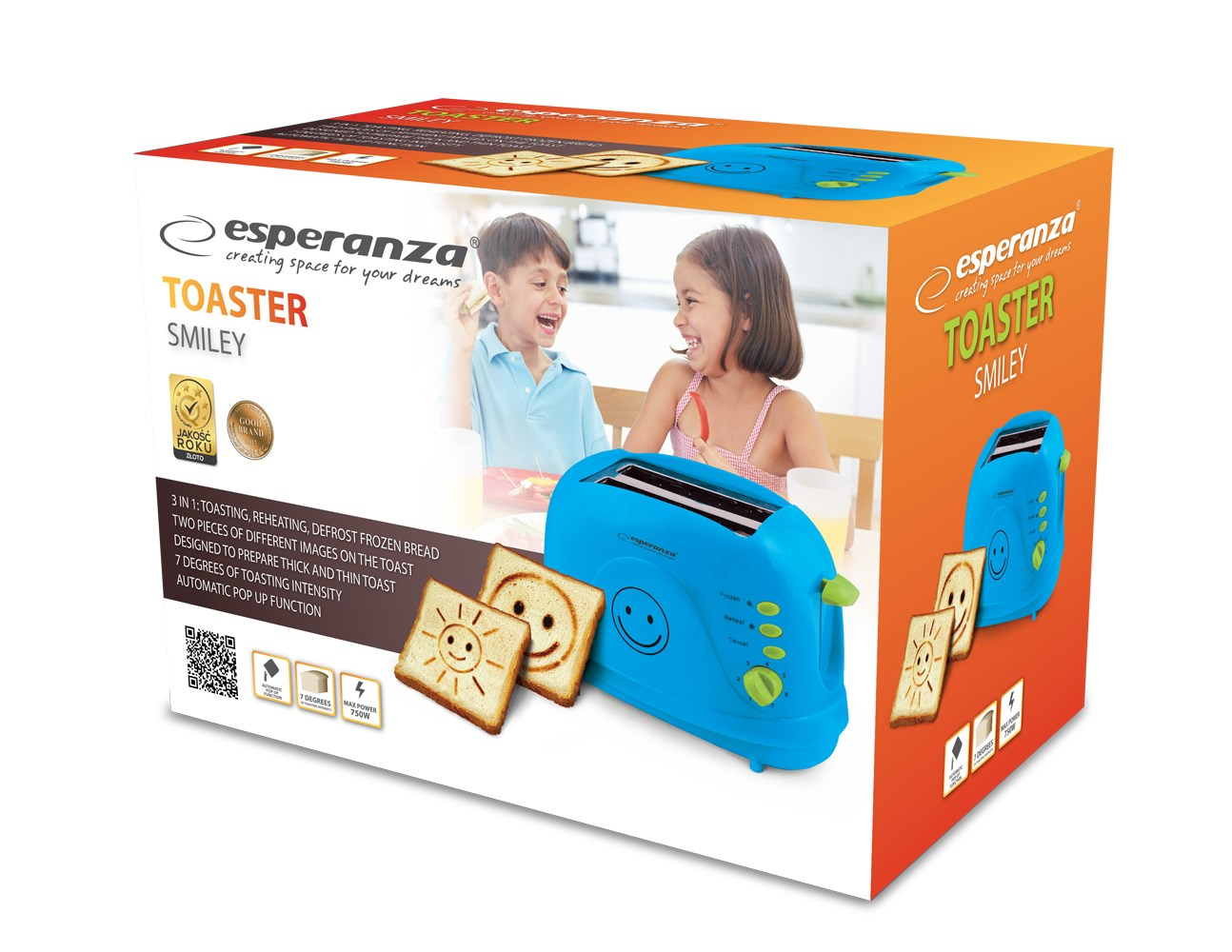 Eine Schachtel mit einem blauen Smiley-Toaster, zwei Kindern und Toastscheiben mit Smiley-Gesichtern. Text: 'Toaster Smiley'.