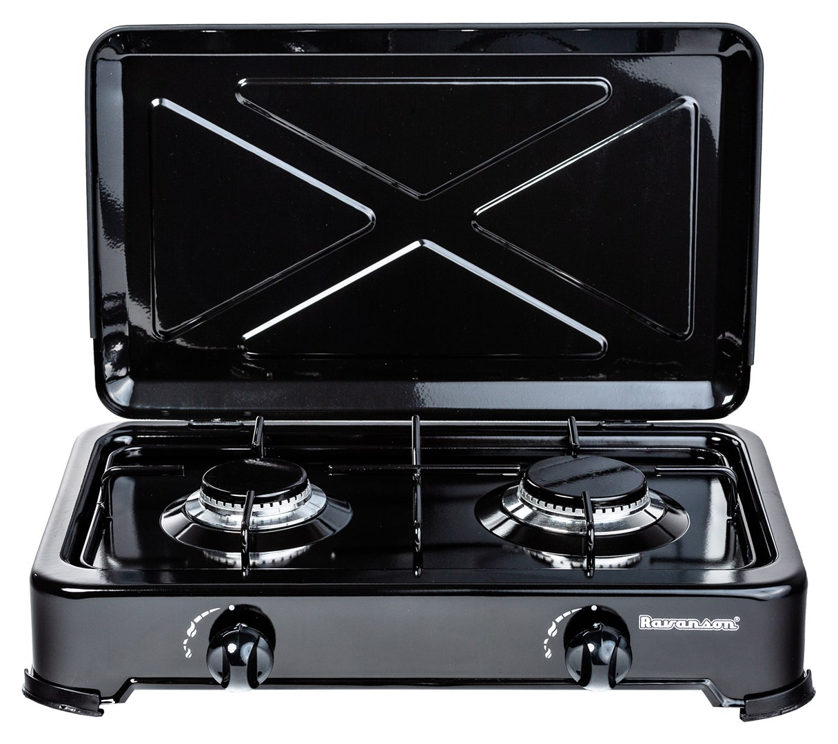 Czarna przenośna kuchenka gazowa z dwoma palnikami. Pokrywa jest otwarta. Widoczne są pokrętła do regulacji gazu.