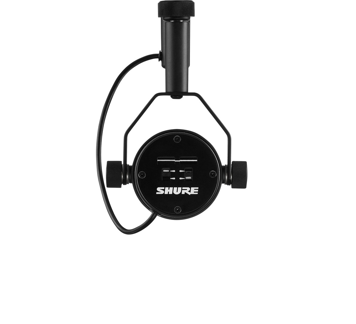 Ein schwarzes Shure-Mikrofon mit runder Front und schwarzem Ständer. Das Shure-Logo ist sichtbar.