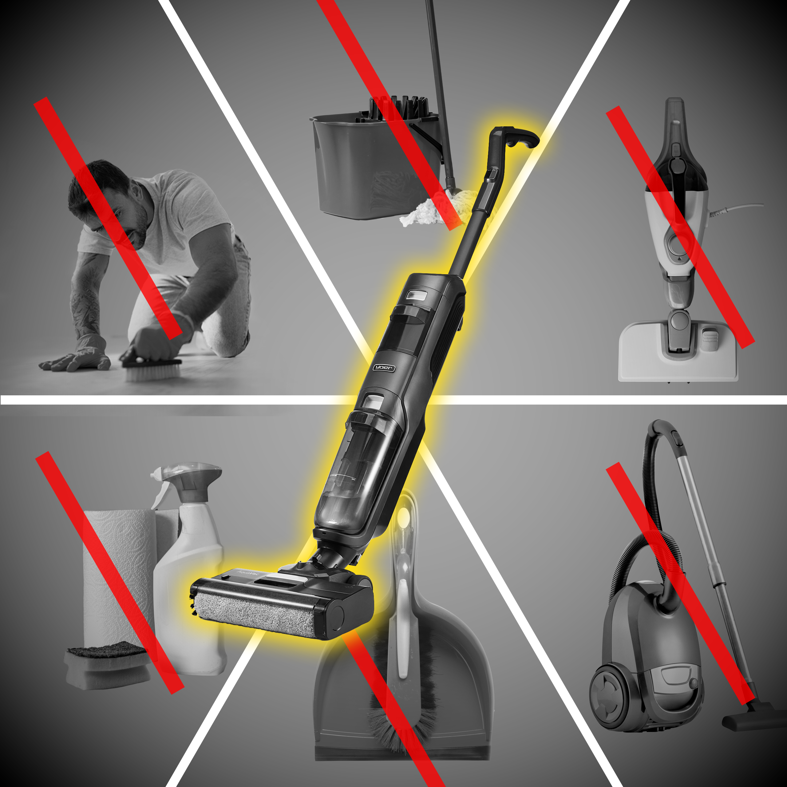 Obraz przedstawia narzędzia do czyszczenia: odkurzacz, mop, spryskiwacz i osobę czyszczącą szczotką. Czerwone linie przekreślają niektóre przedmioty.