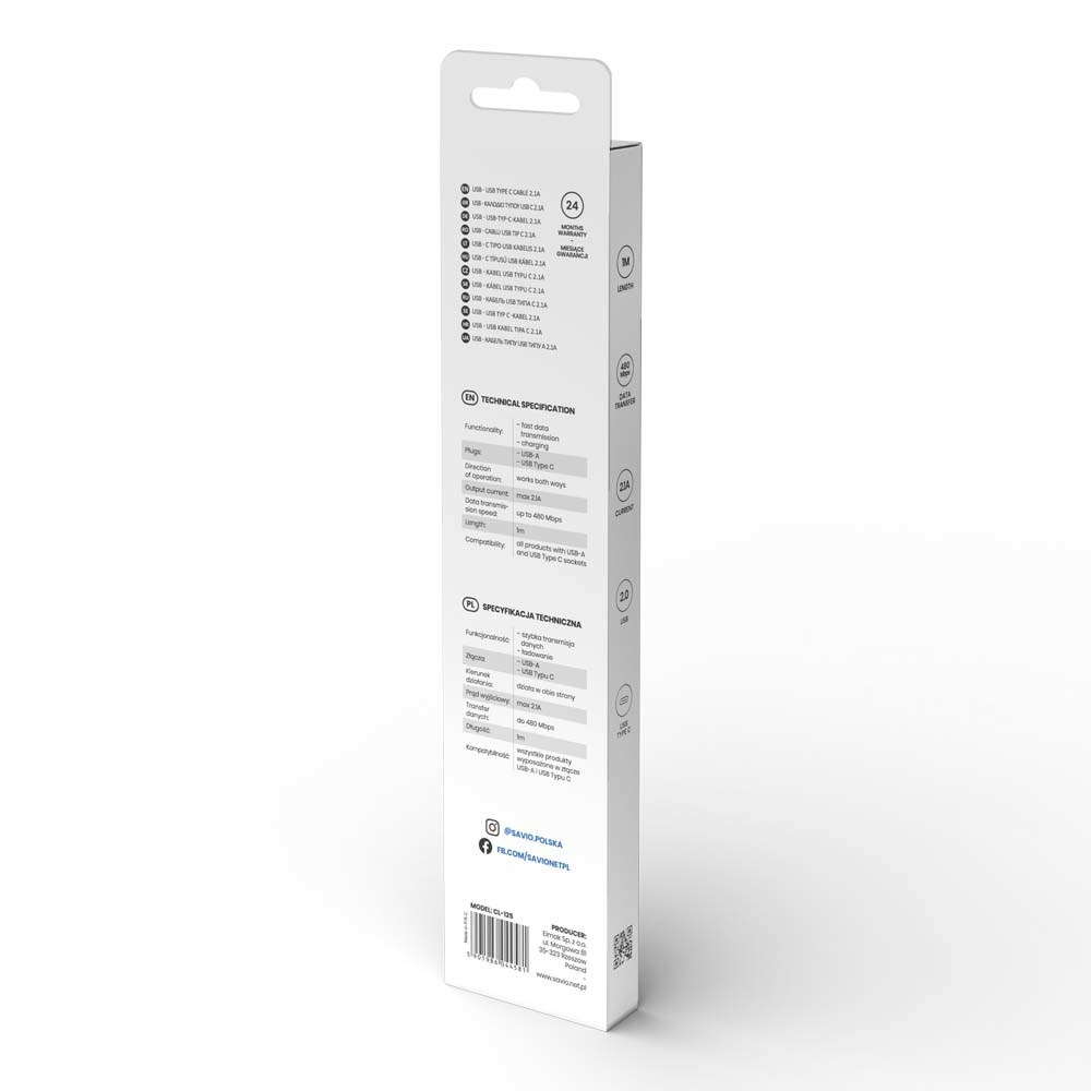 Białe opakowanie produktu ze specyfikacją techniczną. Wymienia kable USB, transfer danych i informacje o ładowaniu.