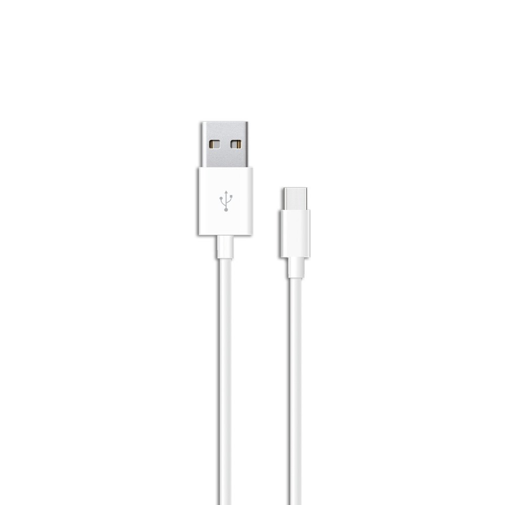 Biały kabel do ładowania USB na białym tle. Kabel ma złącze USB-A i złącze USB-C.