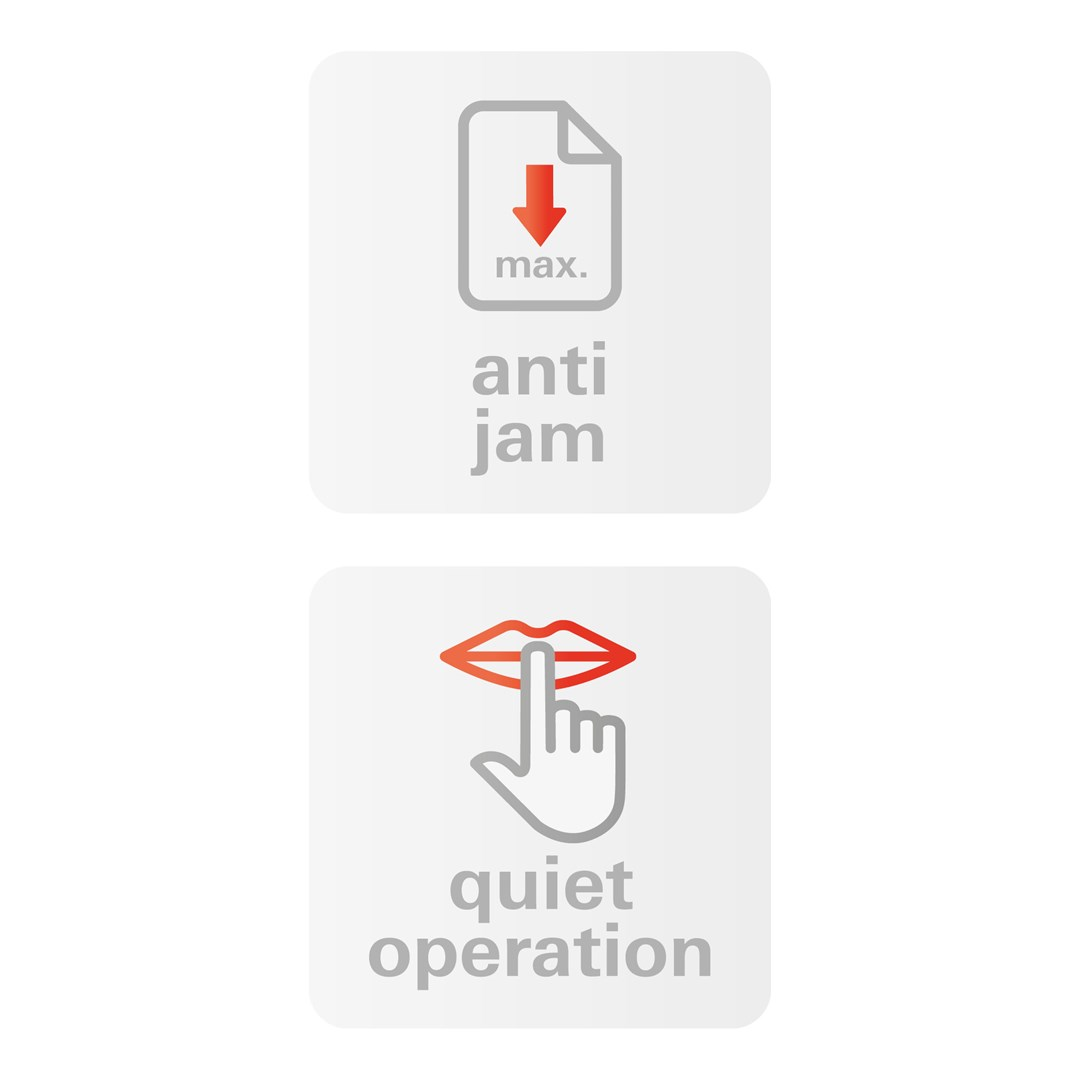Dwie ikony na białym tle: 'anti jam' z dokumentem i strzałką oraz 'cicha praca' z ustami i palcem.