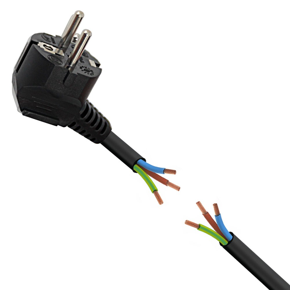 Czarna wtyczka z odsłoniętymi przewodami. Przewód jest przecięty, ukazując wewnętrzne przewody: niebieski, brązowy, zielony i miedziane.